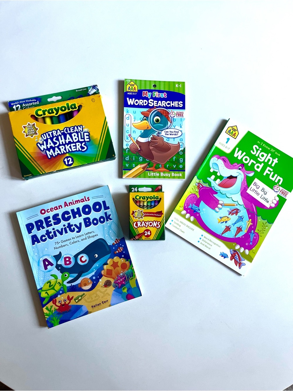 Preschool Activity Books, Skill Practice and Crayola Crayon and Marker Sets